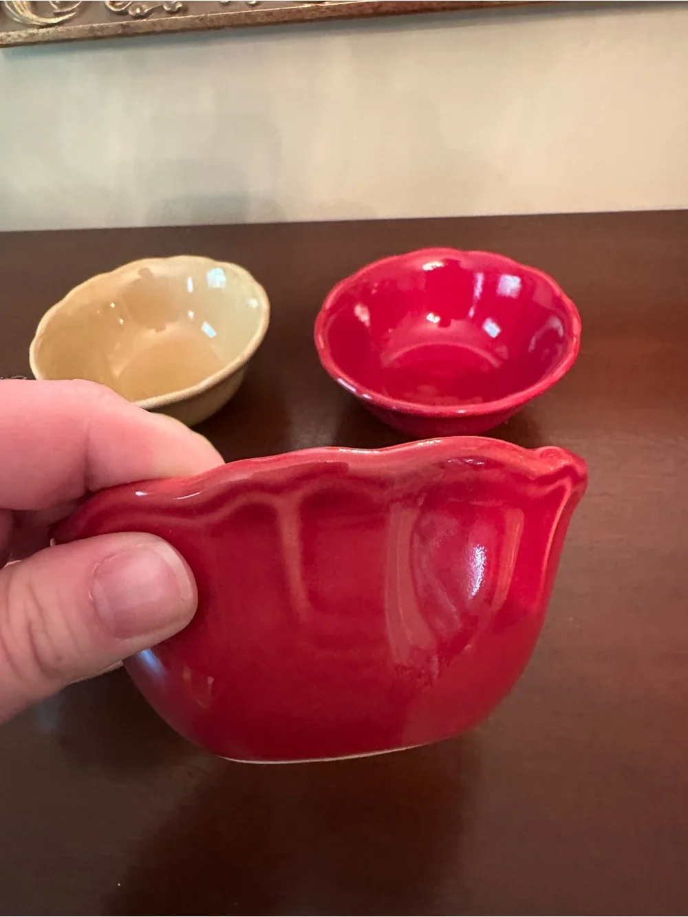 Set of Stacked Ceramic Bowls in Red and Tan